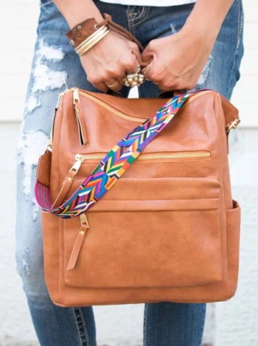 Leather Backpack With Colored Shoulder Straps - KOC