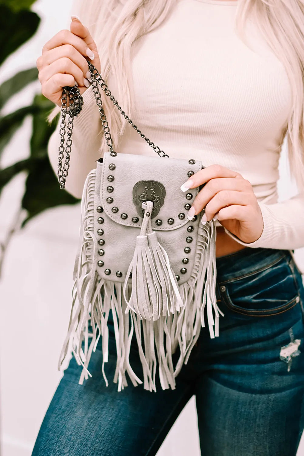 Gray Vintage Tassel Rivet Single Shoulder Bag-Gray