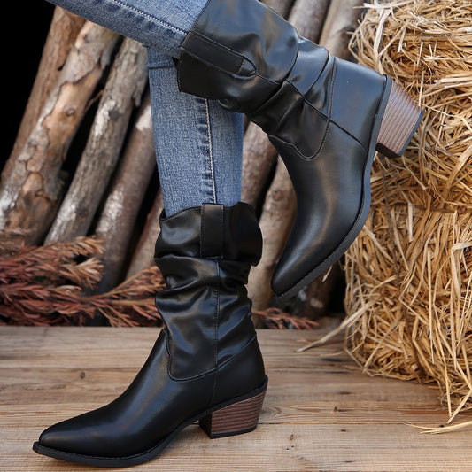 Block Heel Scrunch Leather Western Boots