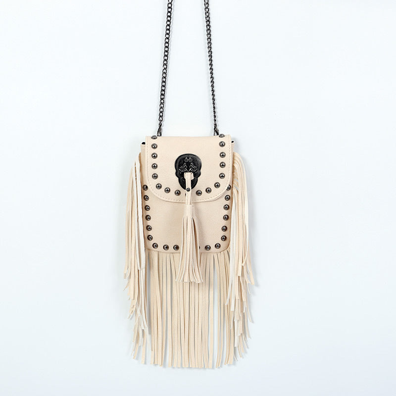 Gray Vintage Tassel Rivet Single Shoulder Bag-Beige