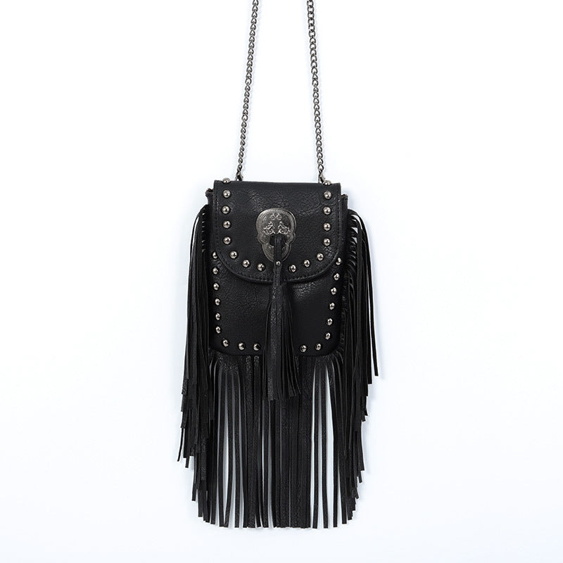 Gray Vintage Tassel Rivet Single Shoulder Bag-Black
