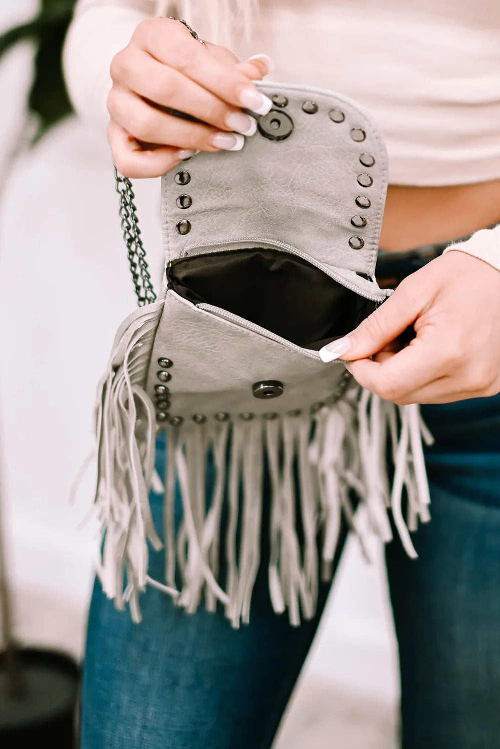 Gray Vintage Tassel Rivet Single Shoulder Bag-Gray