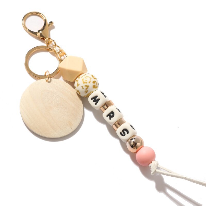 Alphabet Silicone Bead Wood Chip Keychain|2PC