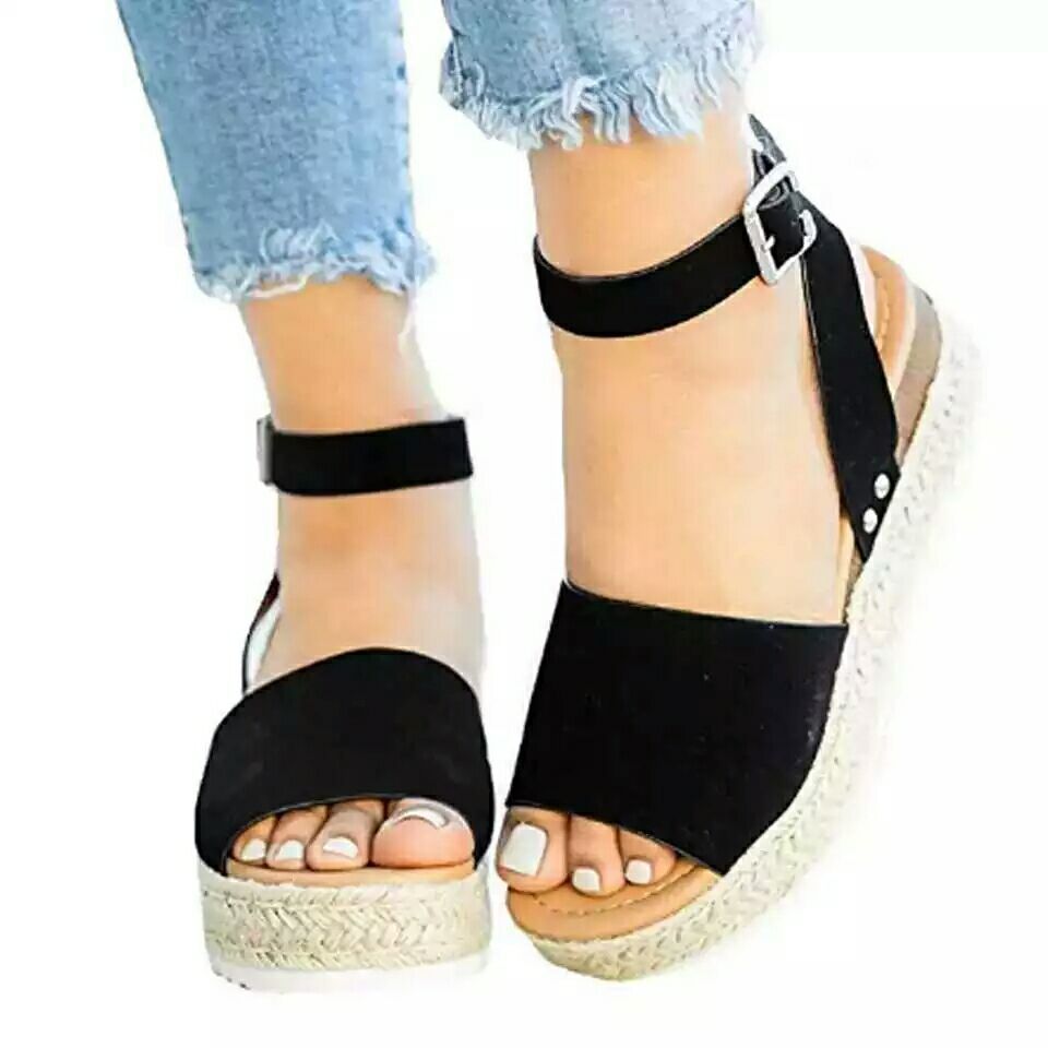 Women's Hemp Rope Platform Sandals-black