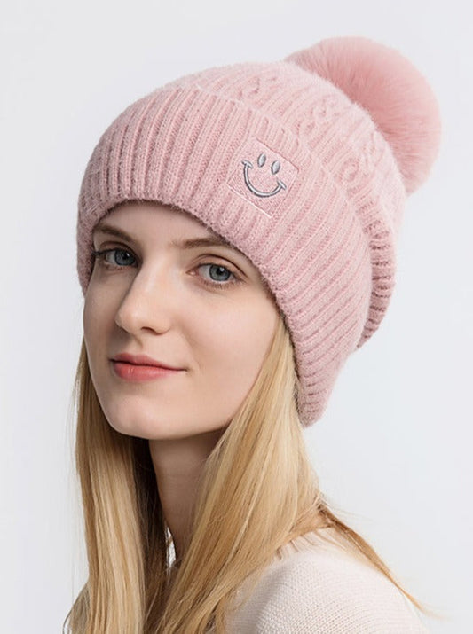 Embroidered smiling face wool hat