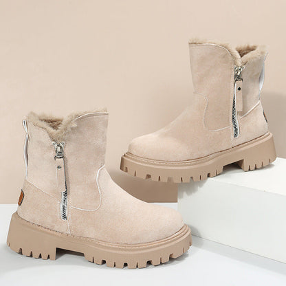 Faux Fur Zipped Boots-Beige