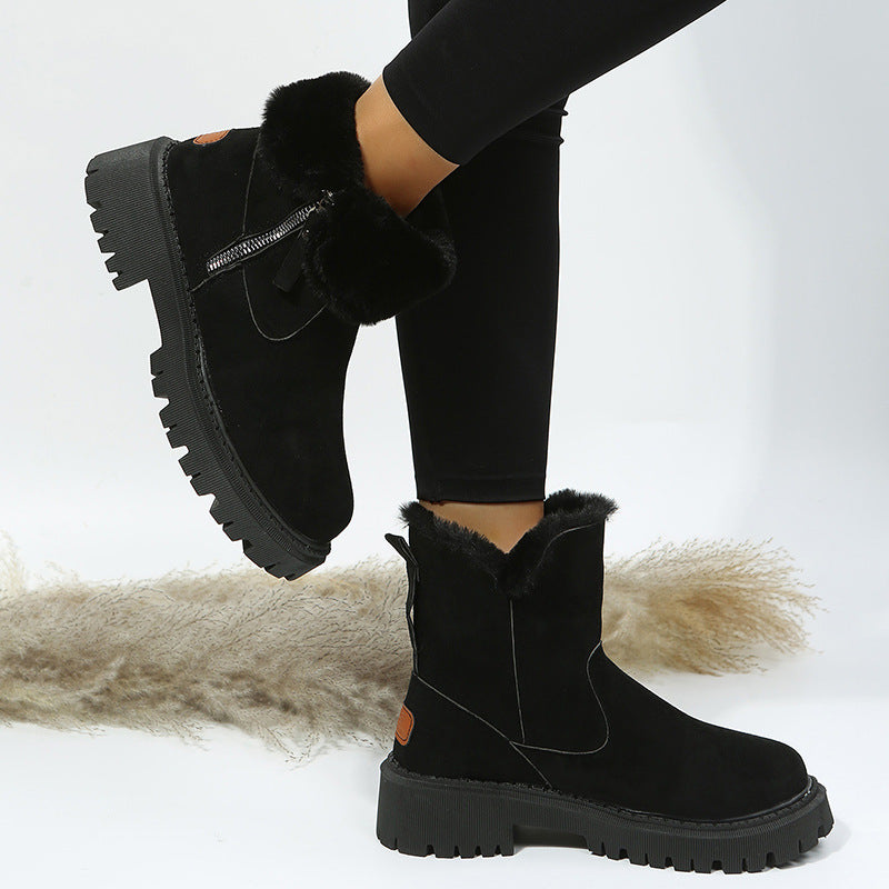 Faux Fur Zipped Boots-Black