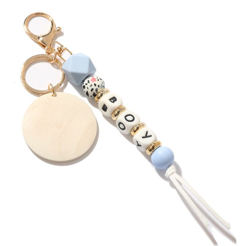 Alphabet Silicone Bead Wood Chip Keychain|2PC