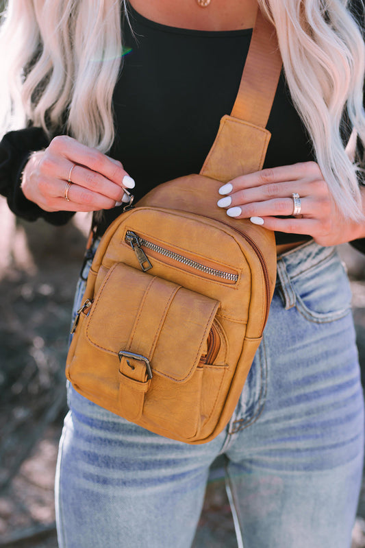 Khaki Vintage Multi Pockets Sling Bag-Yellow