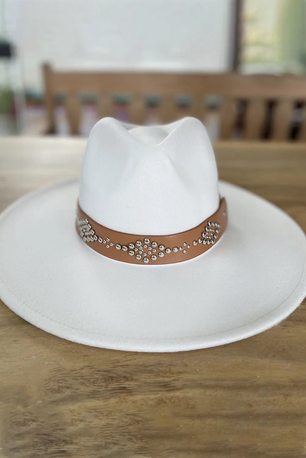 White Studded Wide Brim Panama Hat-White