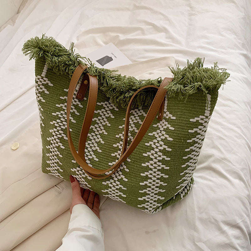 Colorblock Knit Fringed Button Tote Bag
