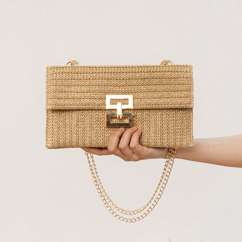 Woven Metal Clasp Flap Handbag