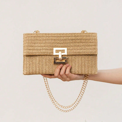 Woven Metal Clasp Flap Handbag