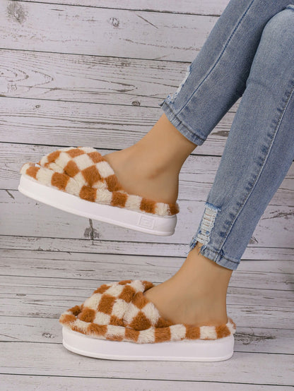 Checkerboard furry slippers