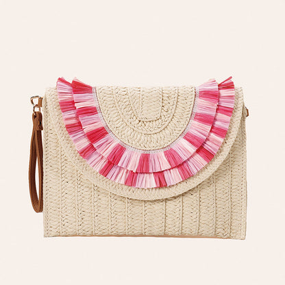 Woven Straw Crossbody Clutch-pink