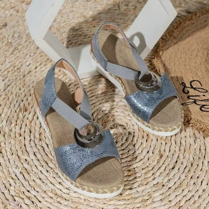 Crossed Strap Metal Decor Wedge Sandals