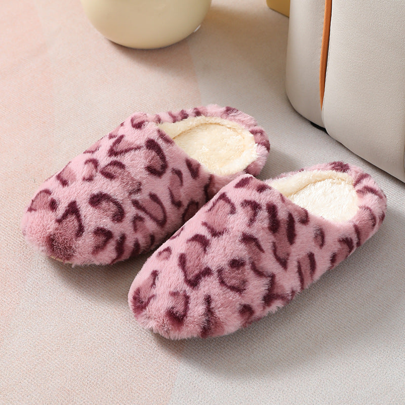 Camel Leopard Print Fuzzy Home Slippers