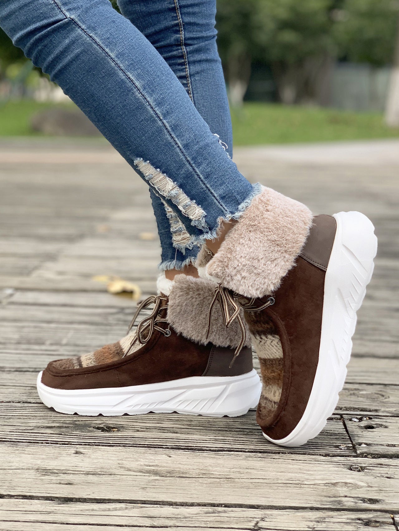 Plush Suede Patched Lace Up Ankle Boots