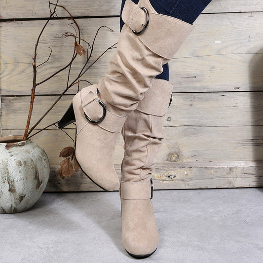 Pointed Toe Buckle Decor Zipper Heeled Boots