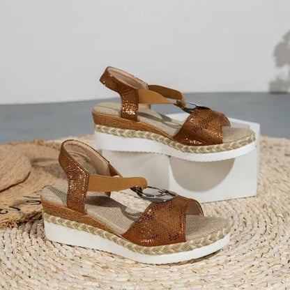 Crossed Strap Metal Decor Wedge Sandals