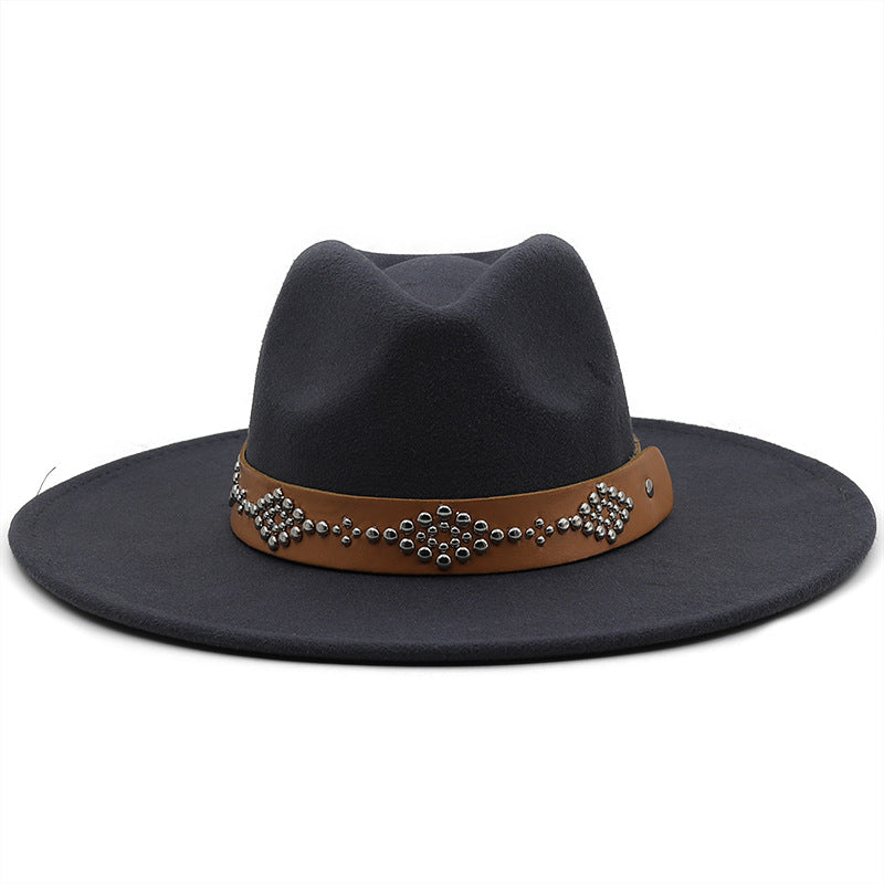 White Studded Wide Brim Panama Hat-Navy