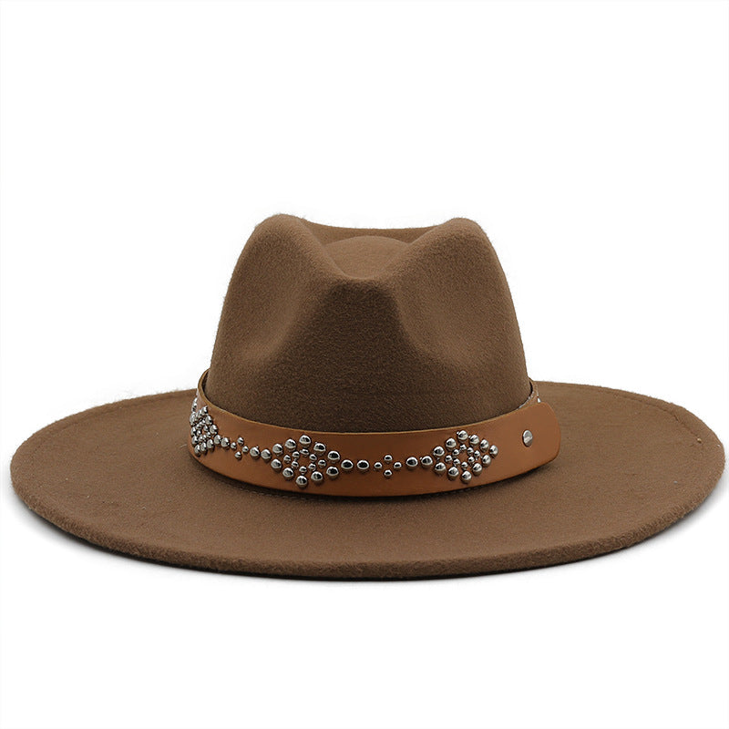 White Studded Wide Brim Panama Hat-Khaki