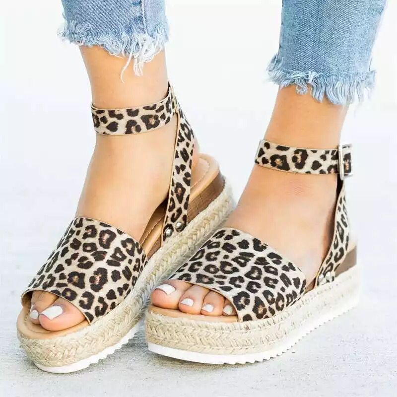 Women's Hemp Rope Platform Sandals-leopard