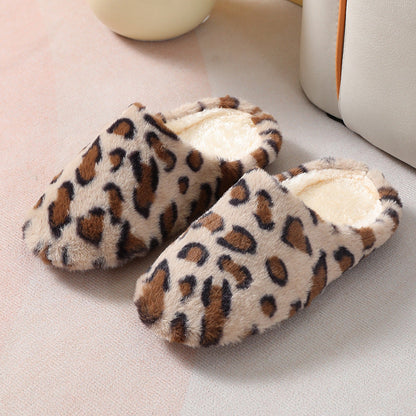 Camel Leopard Print Fuzzy Home Slippers