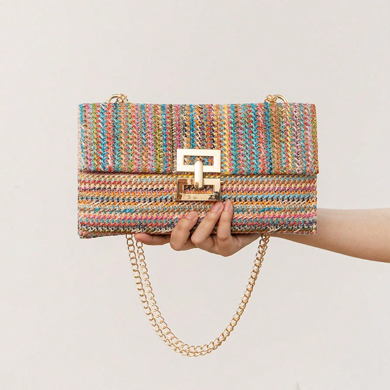 Woven Metal Clasp Flap Handbag