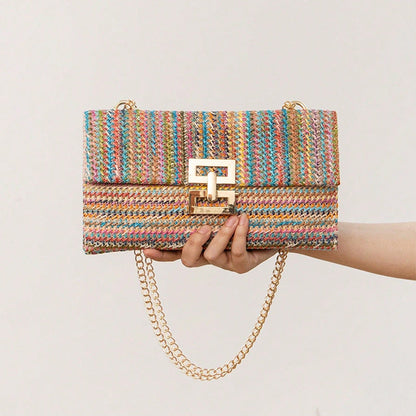 Woven Metal Clasp Flap Handbag