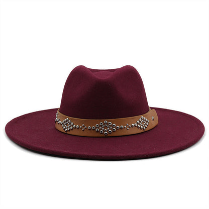 White Studded Wide Brim Panama Hat-Burgundy