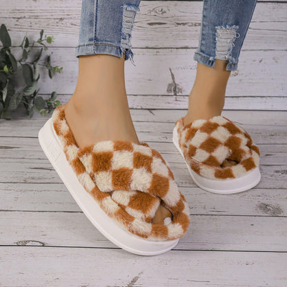 Checkerboard furry slippers