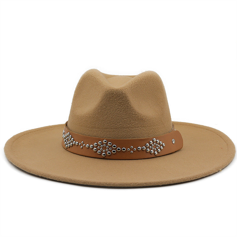 White Studded Wide Brim Panama Hat-Camel