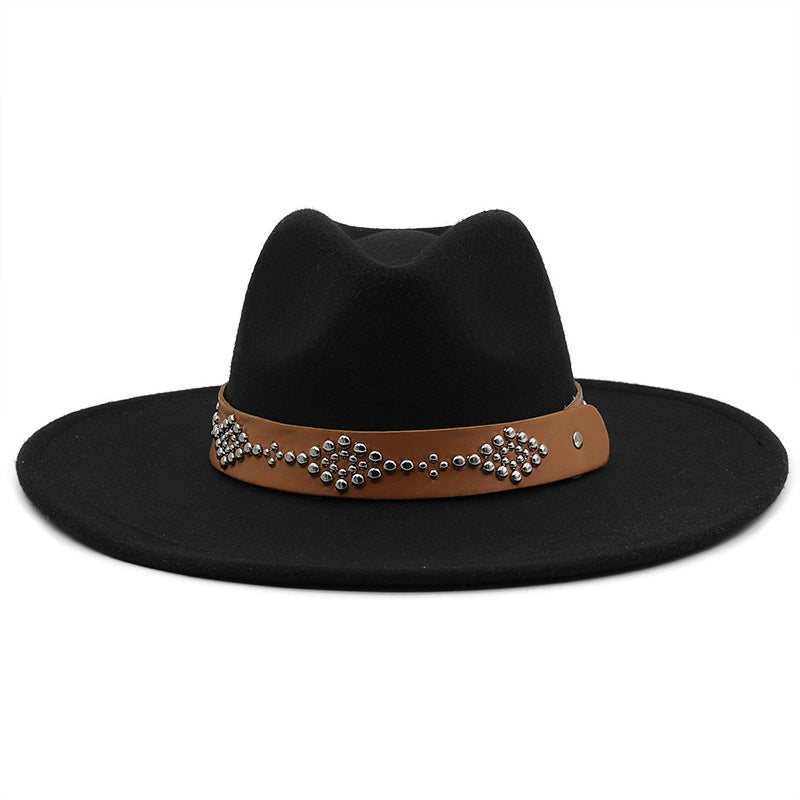 White Studded Wide Brim Panama Hat-Black