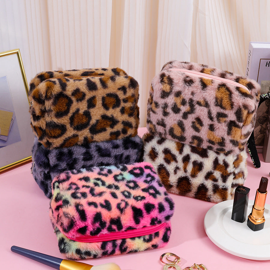 Leopard Print Zipper Plush Cosmetic Bag