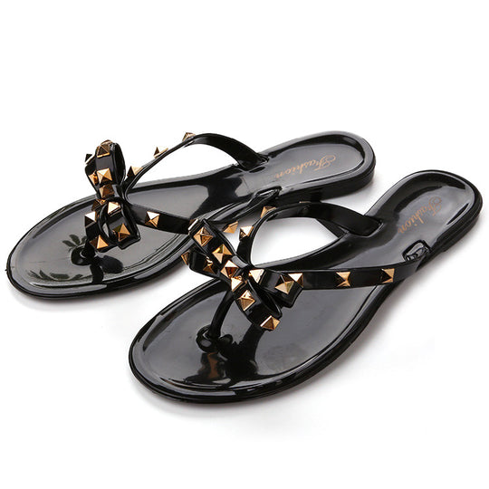 Studded Bow Open Toe Flat Thong Sandal - KOC