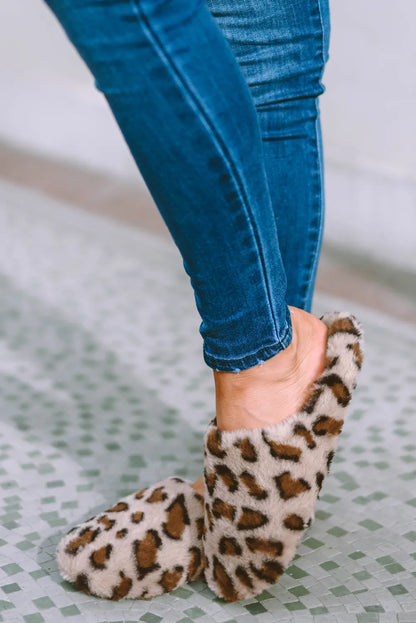 Camel Leopard Print Fuzzy Home Slippers