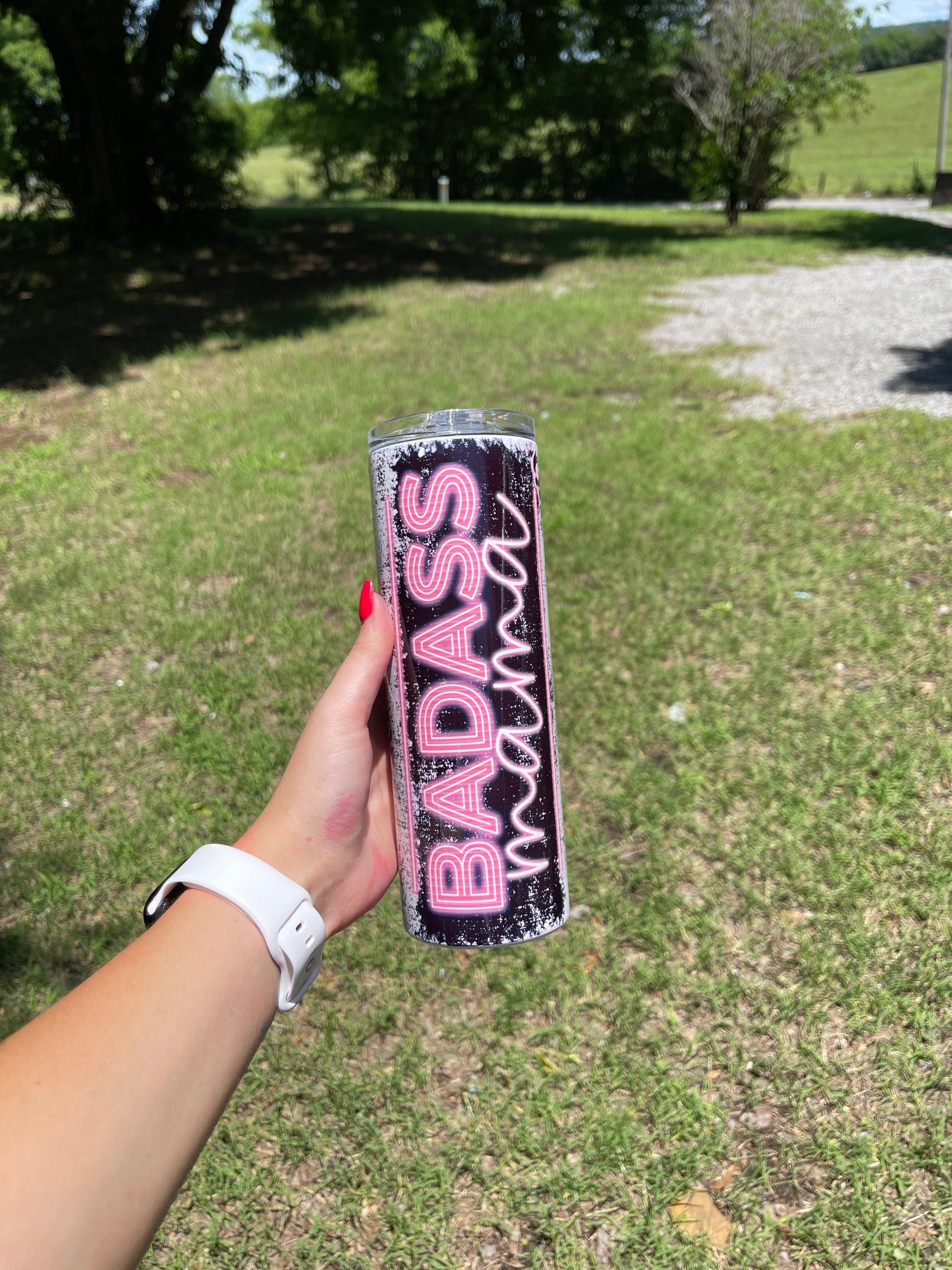 Badass mama pink distressed tumbler